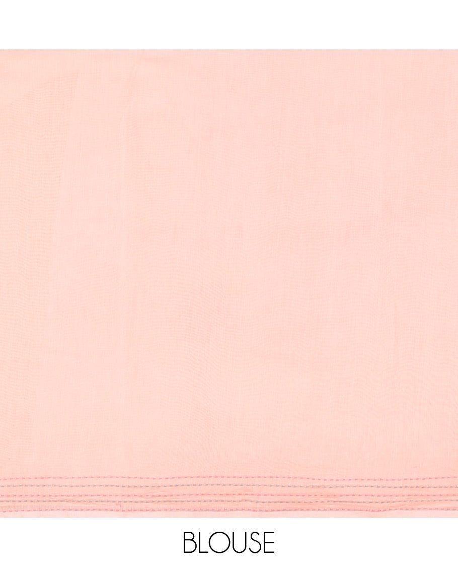 Peach block print super net saree with kantha border & kantha work, block print pallu along with kantha work blouse