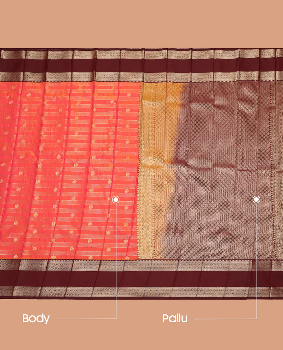 Orange Budget Silk Saree, Gleamed Up with Zari Stripes and Peacock Buttas on Its Body, Complemented by Contrast Traditional Zari Design Rettai Pettu Border, Opulently Embellished Pallu, and Paired with a Contrast Blouse