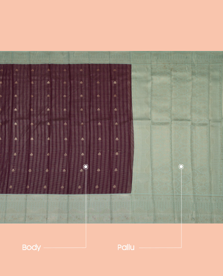 Wine Litchi Saree, Woven with Zari Buttas and Checks, a Contrast Traditional Zari Border, Grand Pallu, and a Contrast Blouse