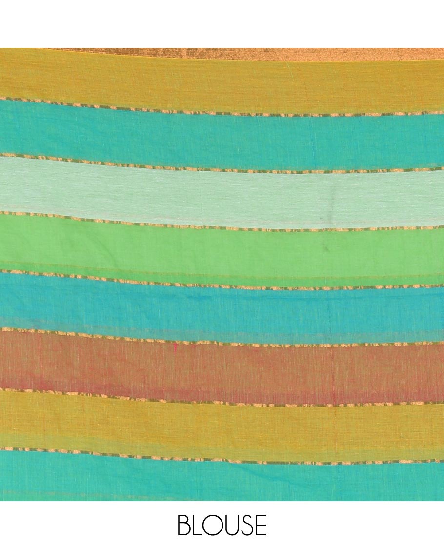 Rani rainbow-style striped Khadi mul cotton saree with piping zari border, and a matching zari striped blouse