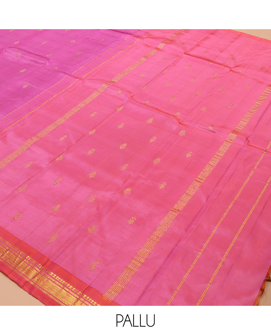 Pink Kanchipuram Silk Saree, Woven with Zari Buttas, a Contrast One-Sided Border of Panner Sombu, Banaras, and Jaal Designs, Zari Design Pallu, and No Blouse