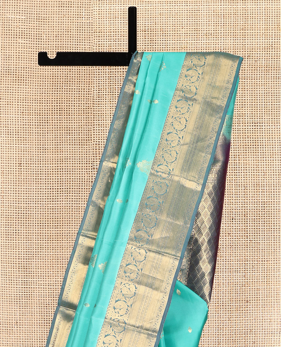 Turquoise Vasundhara Lite Silk Mix Saree, Detailed with Zari Buttas, Complemented by a Contrast Border of Kodi Mayil, Muthu, Mayil Kann, and Kodi Visiry, Jaal Pallu, and a Contrast Blouse