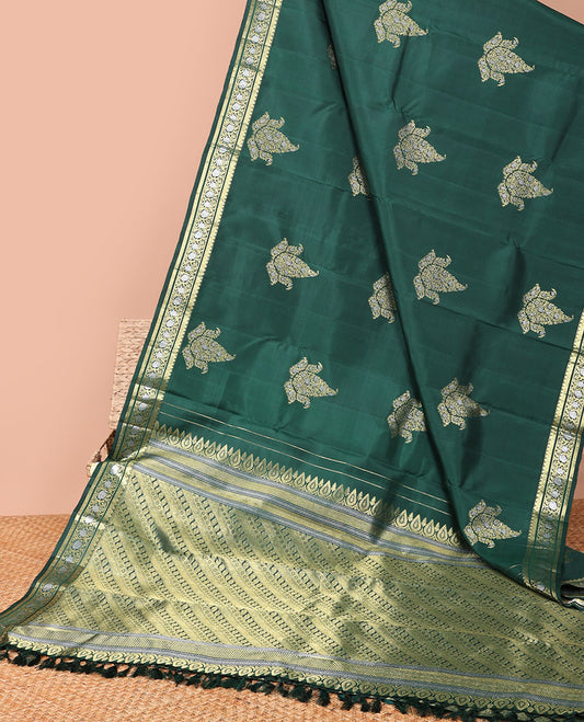 Green floral buttas kancheepuram silk saree with self border of rekku, paun, kodi visiry design & floral striped design pallu
