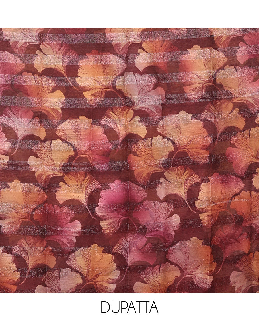 Magenta Material Churidar Set, Embellished with Floral Printed Patch Embroidery Vichitra Silk Top, Comes with a Plain Santoon Bottom, and a Floral Printed Shimmer Georgette Dupatta