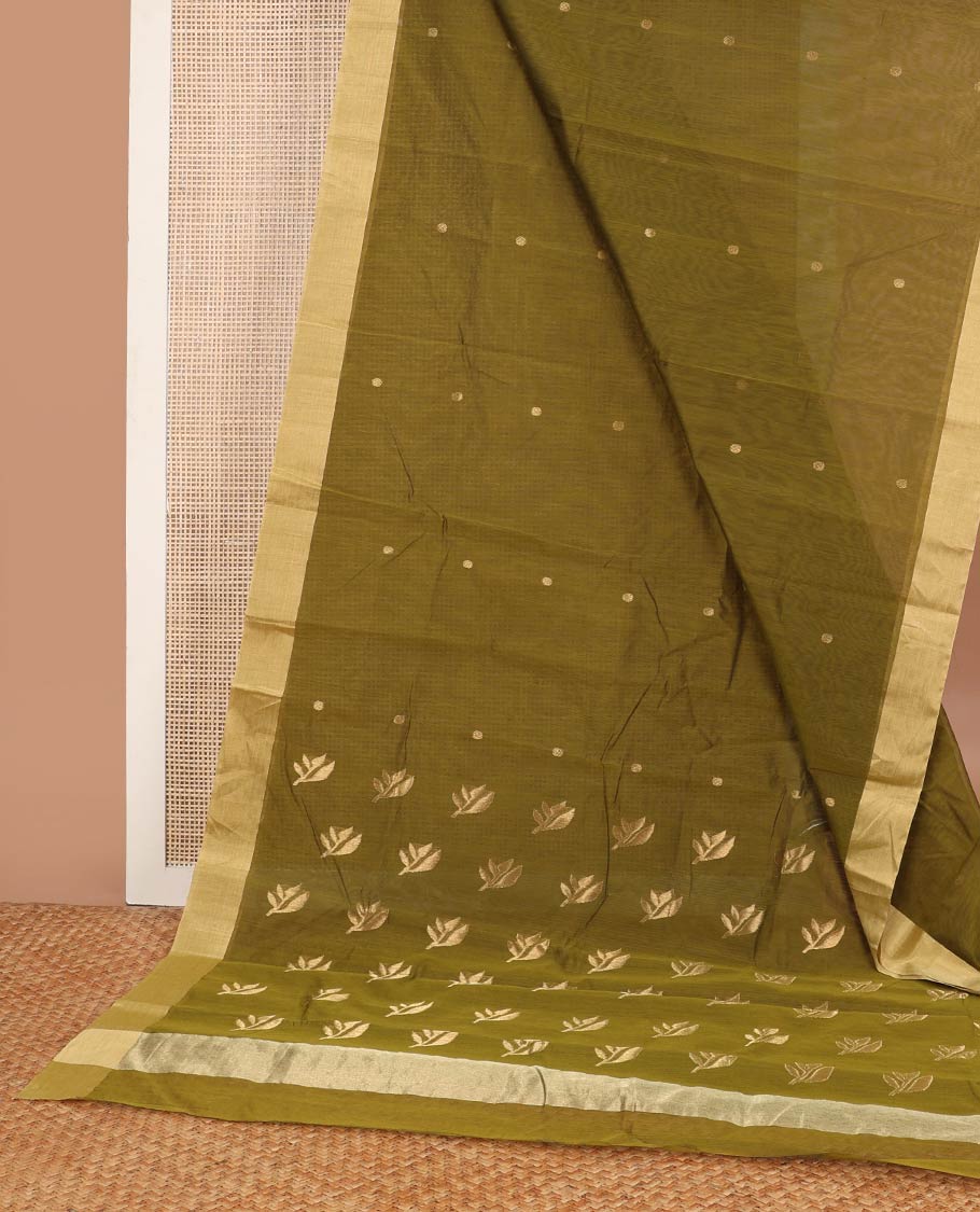 Olive green floral motifs chanderi cotton saree with contrast border & striped, floral design pallu