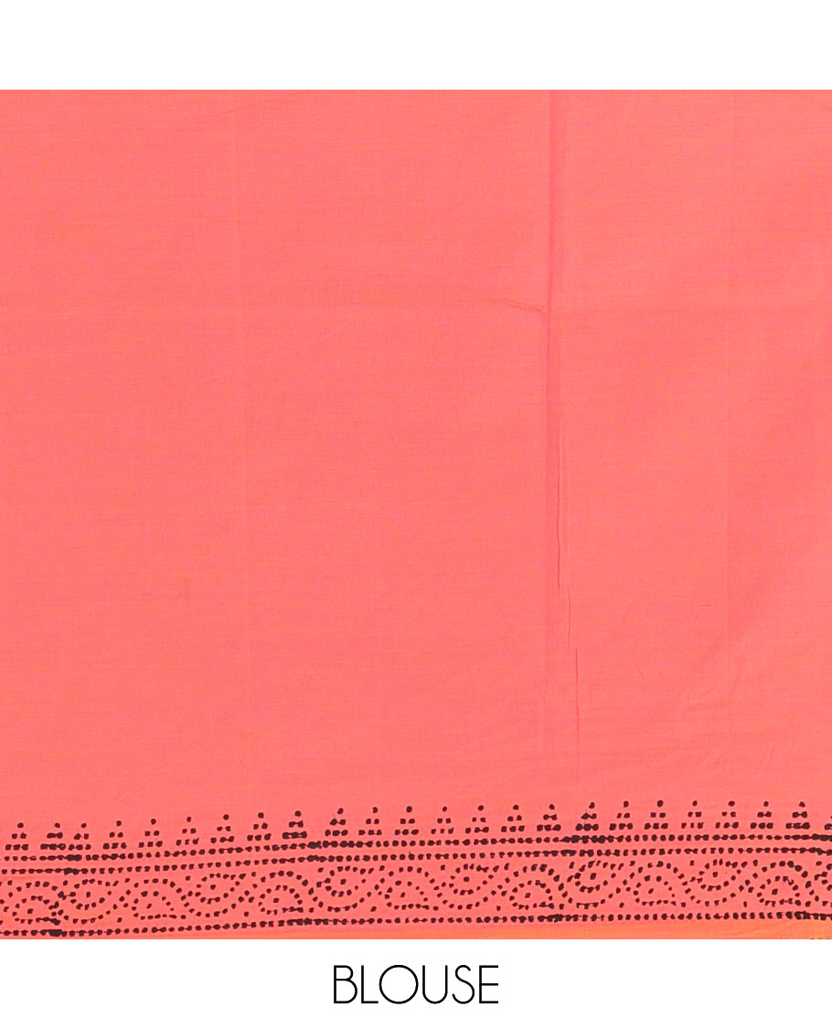 Borderless pink kolam and kathakali motifs printed South cotton saree with a matching blouse, and a contrast printed blouse
