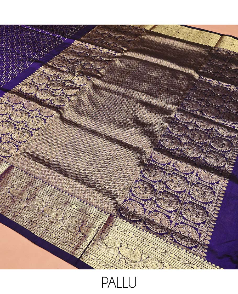 Violet Venkatagiri Silk Saree, Meticulously Crafted with Maze-Like Design All Over Its Body, Highlighted by a Traditional Zari Design Border, Grand Jaal Design Pallu, and Paired with a Matching Blouse