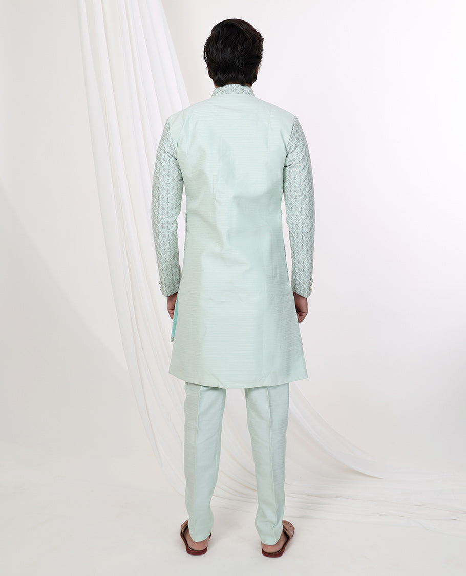 Light blue floral thread embroidery with sequins work mandarin collar & full-sleeve long raw silk kurta