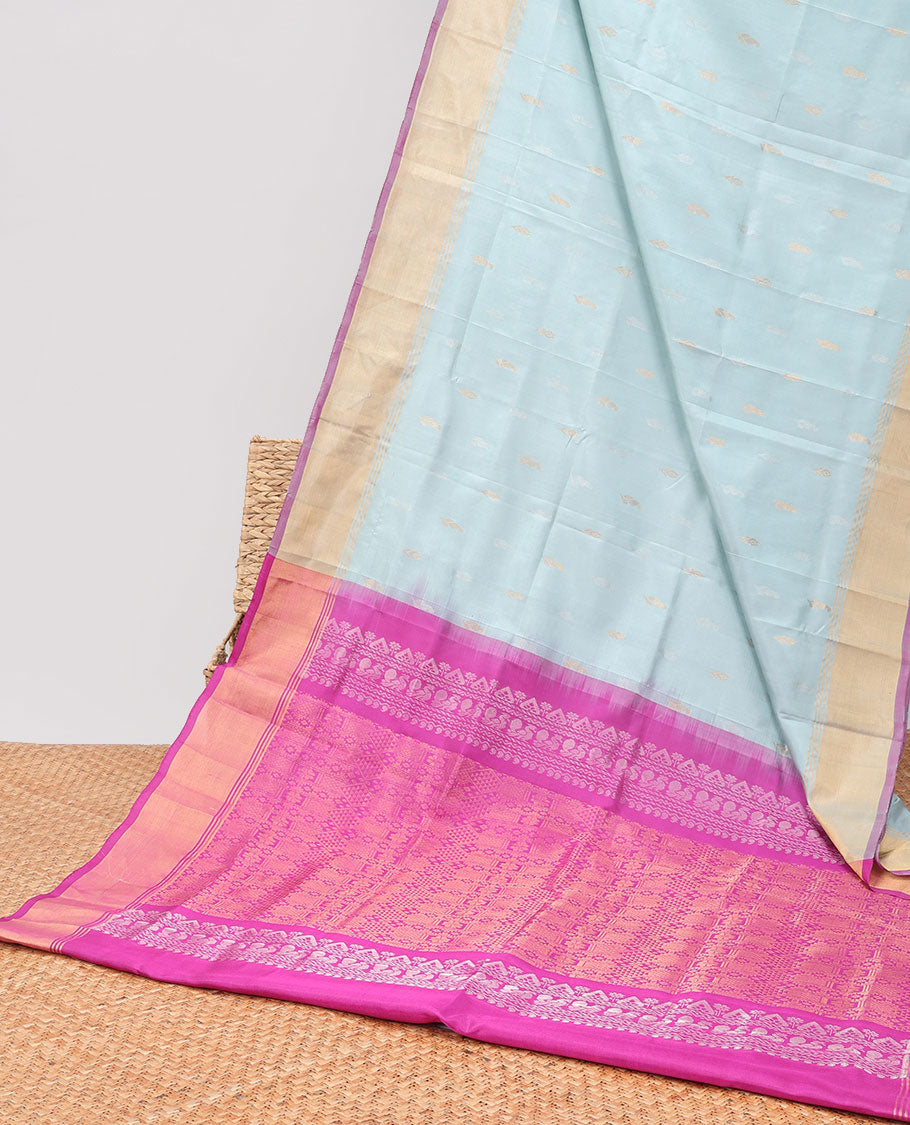 Blue floral buttas uppada silk saree with contrast zari border & floral zari design pallu
