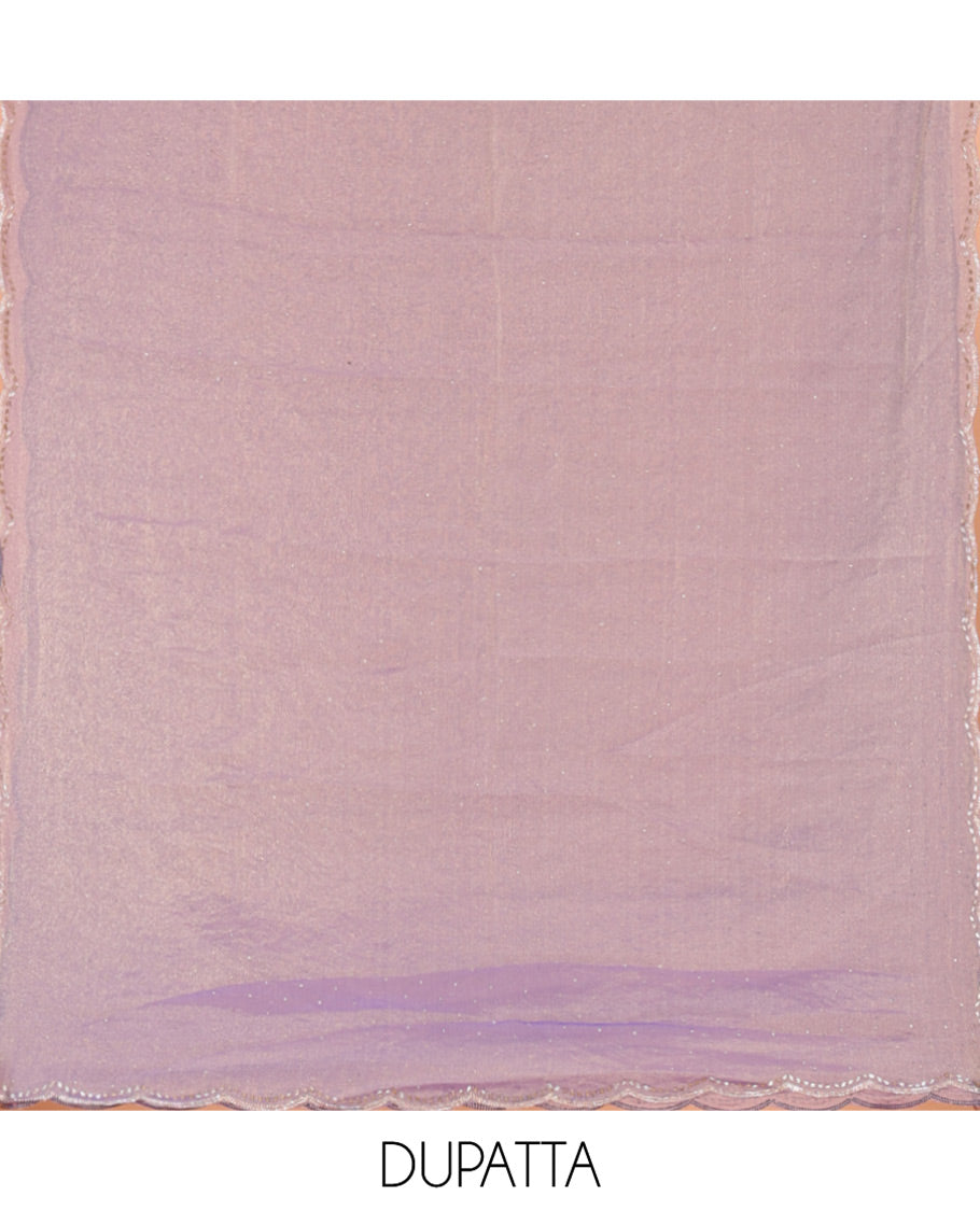 Lavender Moss Organza Material Churidar Set, Spotlighted with Floral Embroidery and Stone Struck on Its Top, a Plain Santoon Bottom, and Paired with a Moss Organza Stone Work Scallop Dupatta