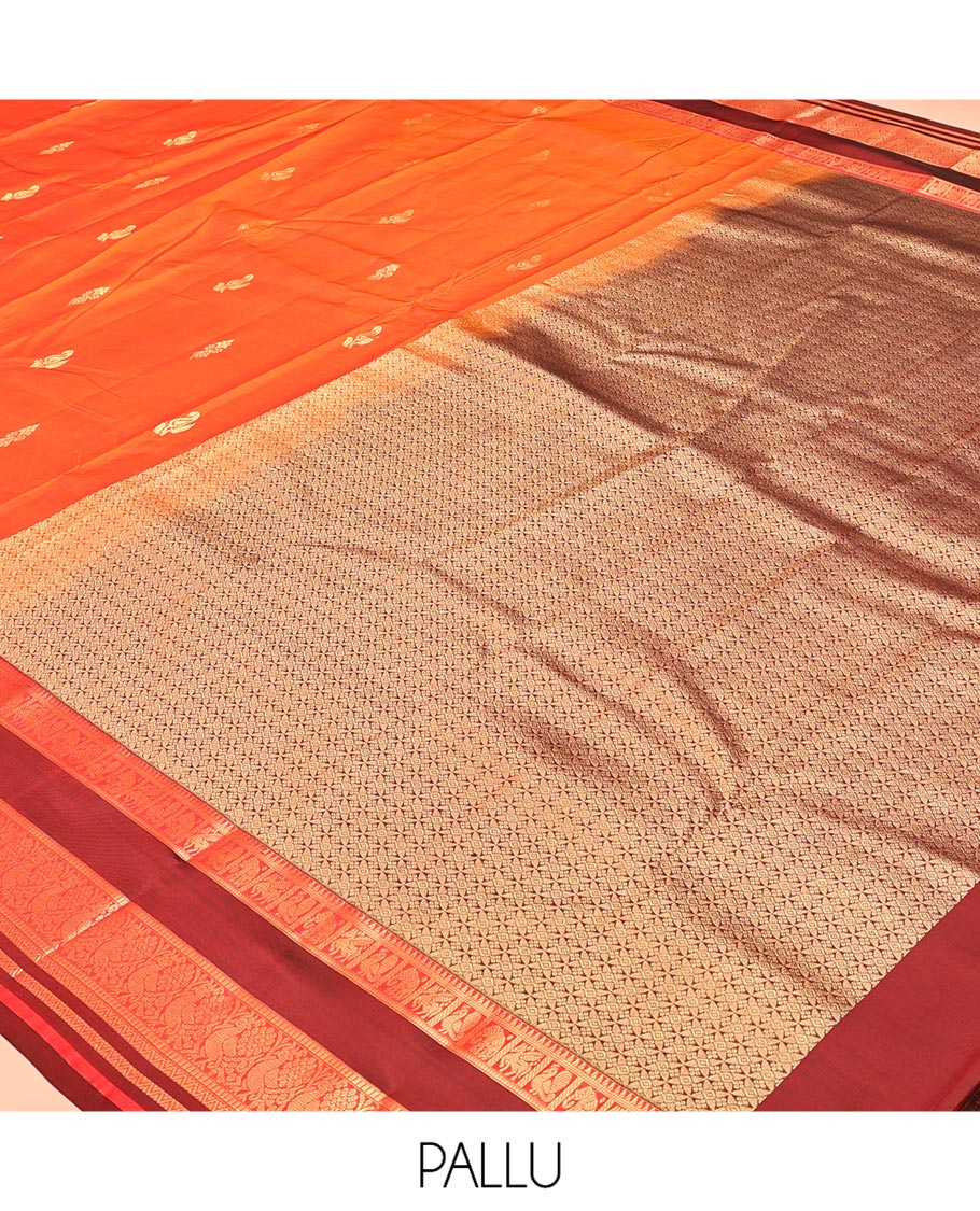 Orange Vasundhara Lite Silk Mix Saree, Accentuated With Zari Buttas All Over Its Body, Complemented by Captivating Contrast Border of Rekku, Mayil, Kuthirai, Yaanai, and Neli Designs, Grand Pallu, and Paired with a Contrast Blouse