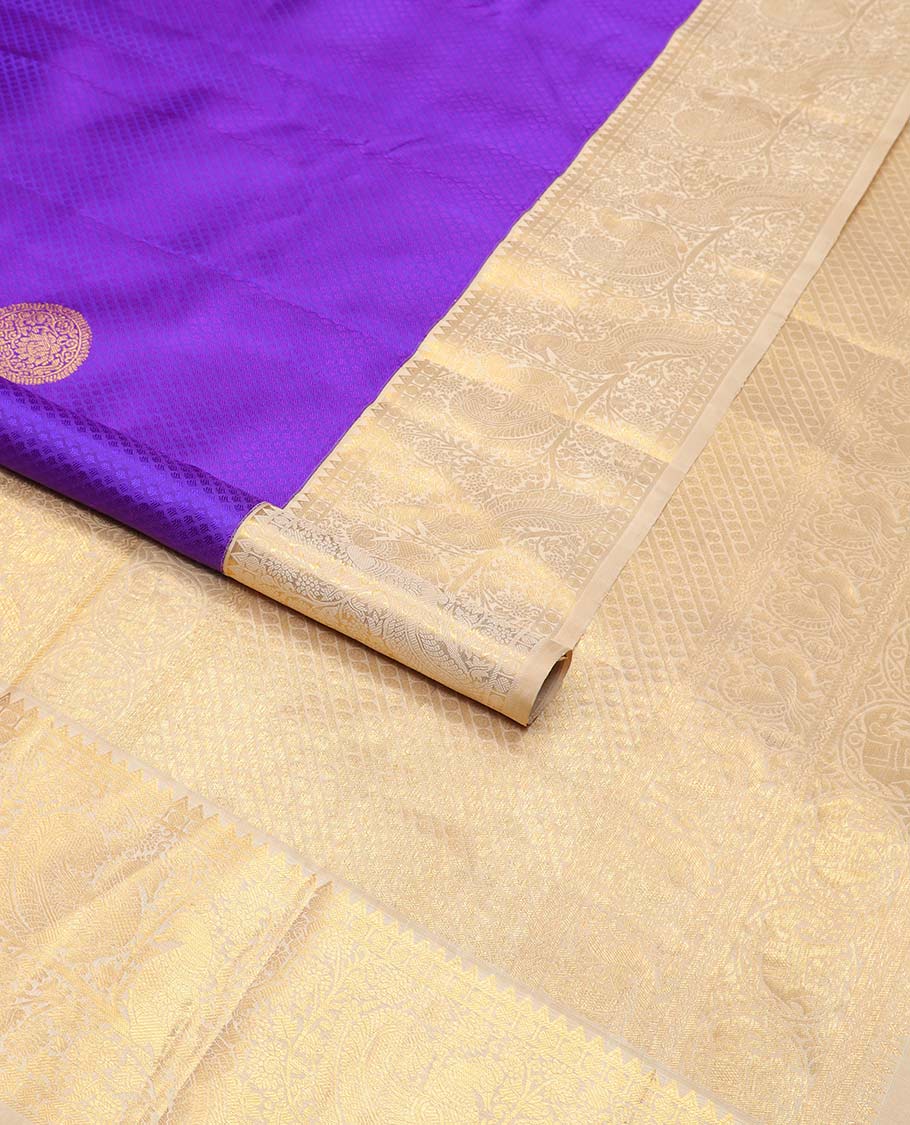 Purple jaal design silk saree with contrast korvai border of rekku, paun , banaras design & floral jaal design pallu