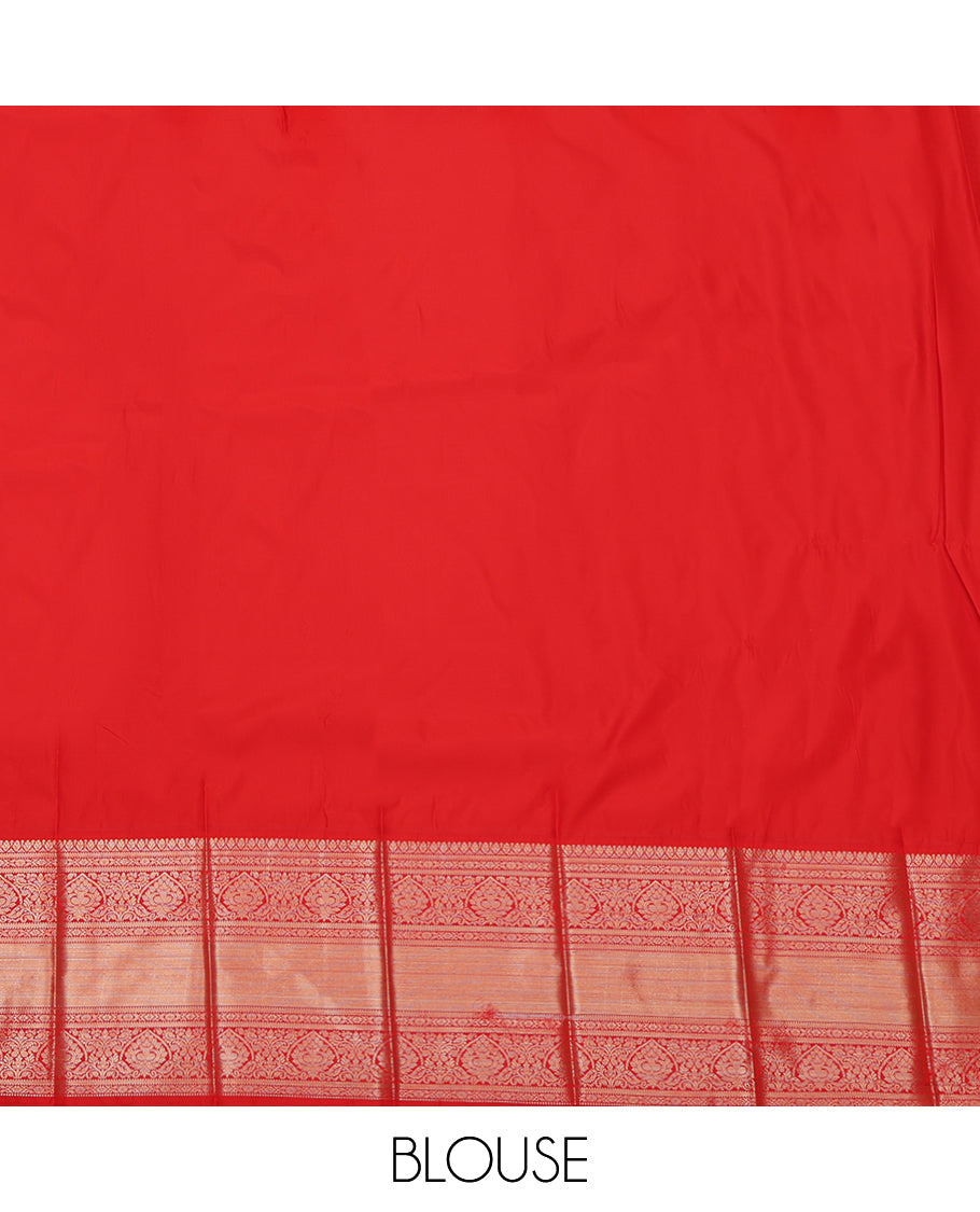White Budget Silk Saree, Highlighted by Zari Buttas, Complemented by a Contrast Traditional Zari Border, Grand Jaal Pallu, and Contrast Blouse