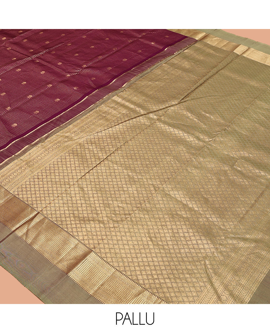Maroon Vasundhara Silk Saree, Finely Crafted with Zari Butta and Checks All Over Its Body, Complemented by a Contrast Kal Eragina Border of Ara Bogudi, Muthu, and Ara Maadam Designs, Grand Jaal Pallu, and Paired with a Contrast Blouse