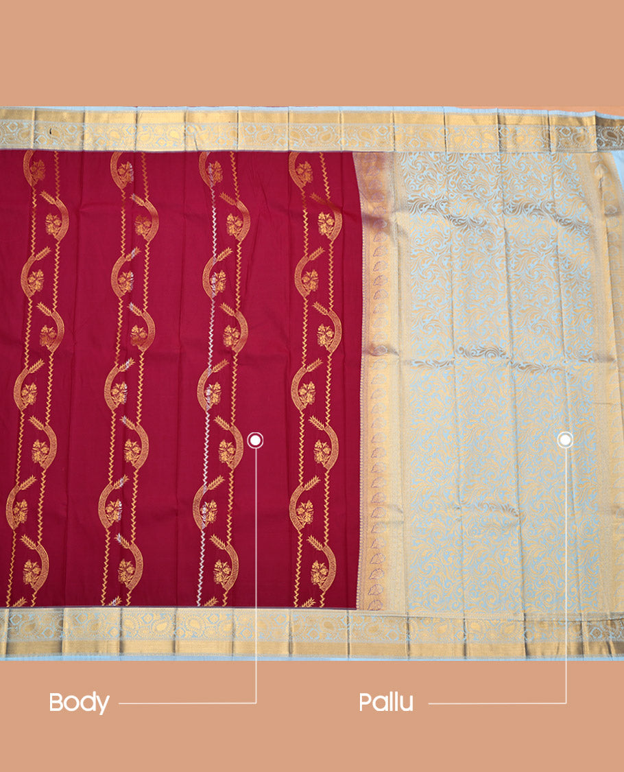 Maroon Budget Silk Saree, Finely Crafted with Zari Designs, a Contrast Traditional Zari Border, Grand Pallu, and a Contrast Blouse