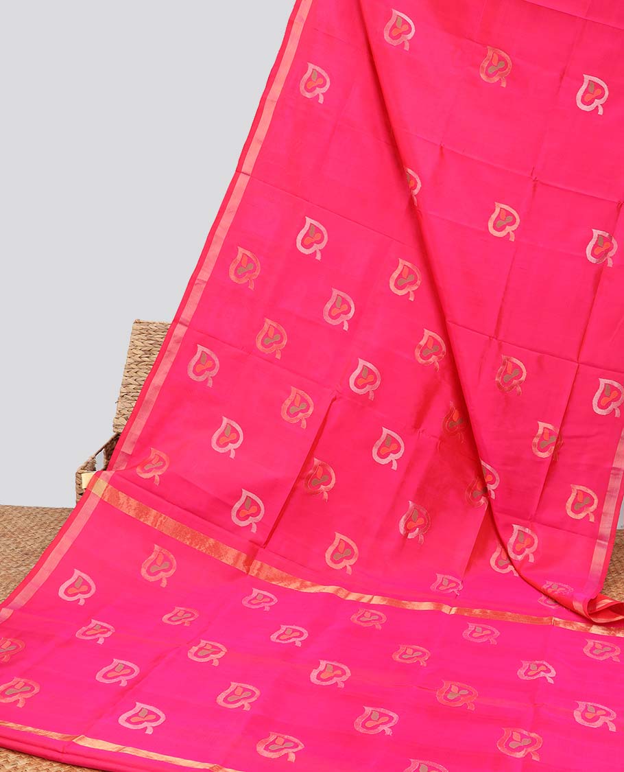 Pink all-over leaf motifs upadda silk saree with self zari border