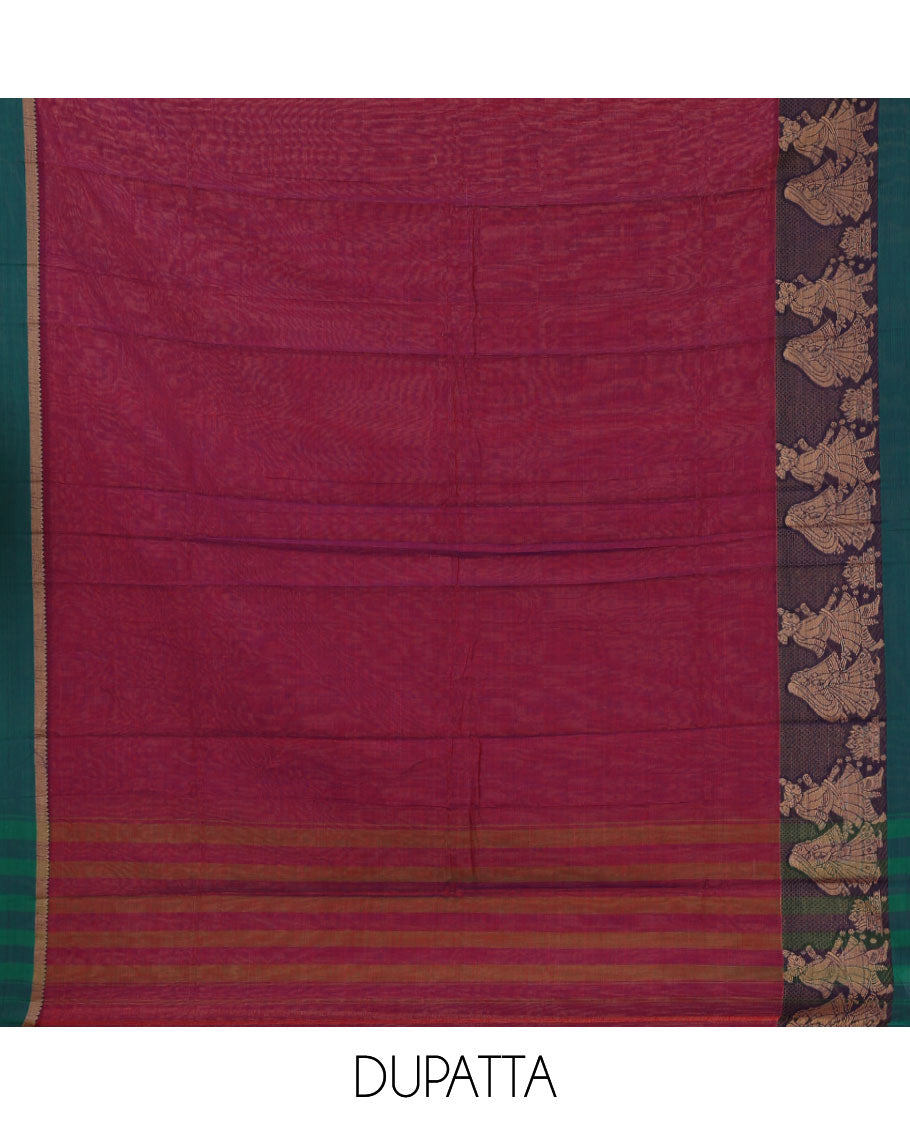 Magenta mercerised cotton material chudidar set, Madhubani-style bride-groom motif woven top, bottom & dupatta