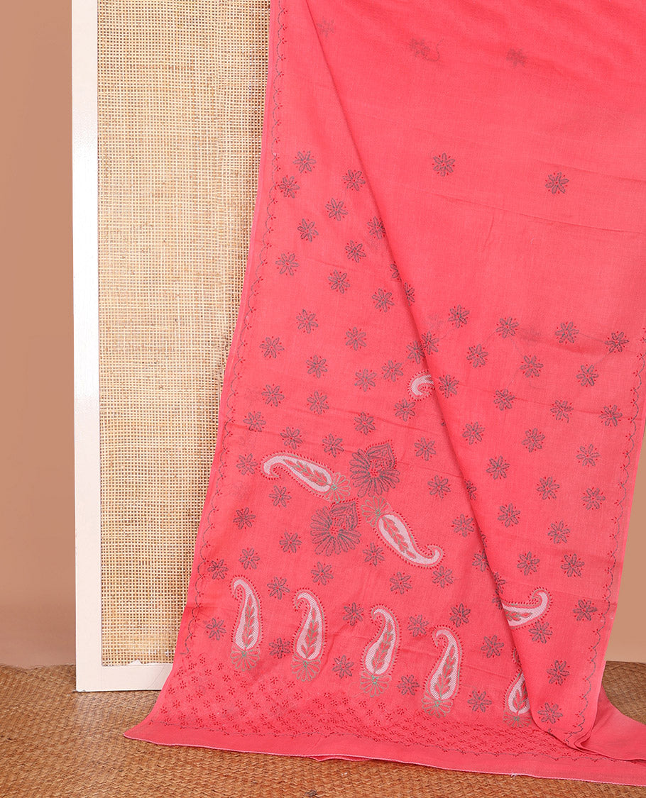 Pink Lucknowi Chikankari Cotton Saree, Elevated with Floral Motifs Embroidery on Its Body, Subtle Embroidery Border, Pallu of Floral-Paisley Embroidery, and Comes Without a Blouse