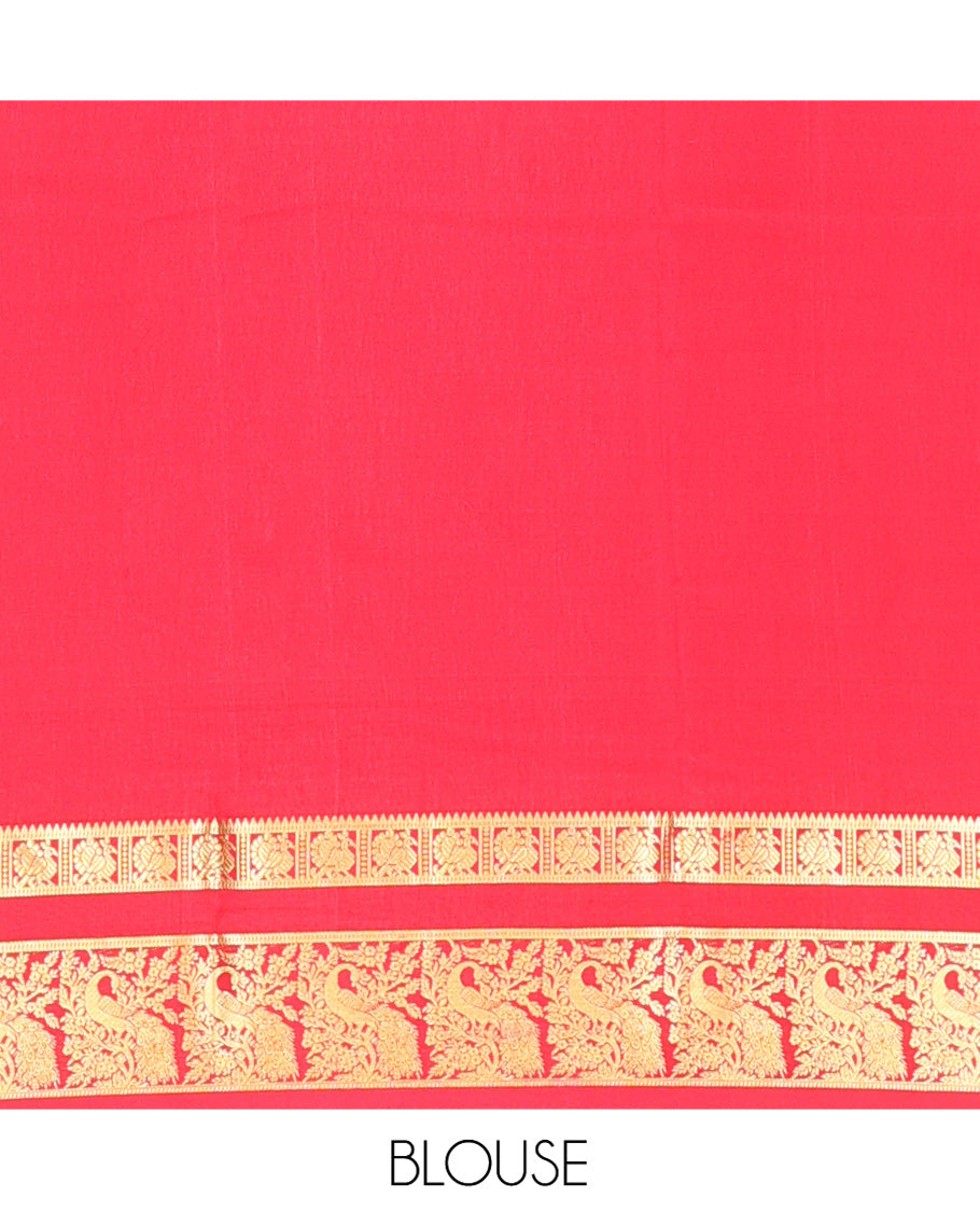 Red Plain Mysore Silk Saree, Entralled with Traditional Zari Border Steeped with Peacock Designs, Zari Decked Up Pallu, and Paired with a Matching Blouse