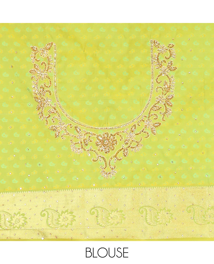 Green Orange leaf design vastrakala silk saree with stone work, contrast floral stone work scallop border & floral design in stone work pallu