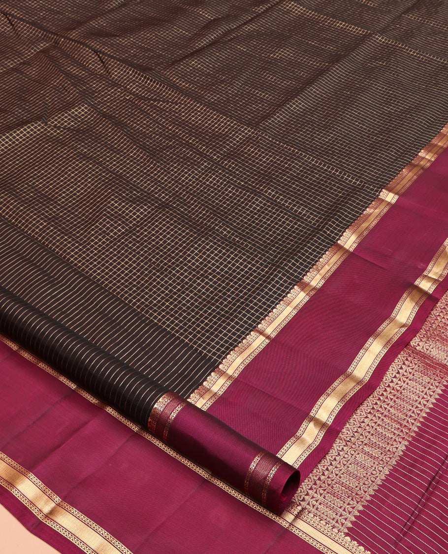 Brown Mayuri Lite Silk Mix Saree, Dazzled with Zari Checked Design All Over Its Body, Complemented by a Contrast Rettai Pettu Traditional Design Border, Pallu of Jaal Designs, and Paired with a Contrast Blouse