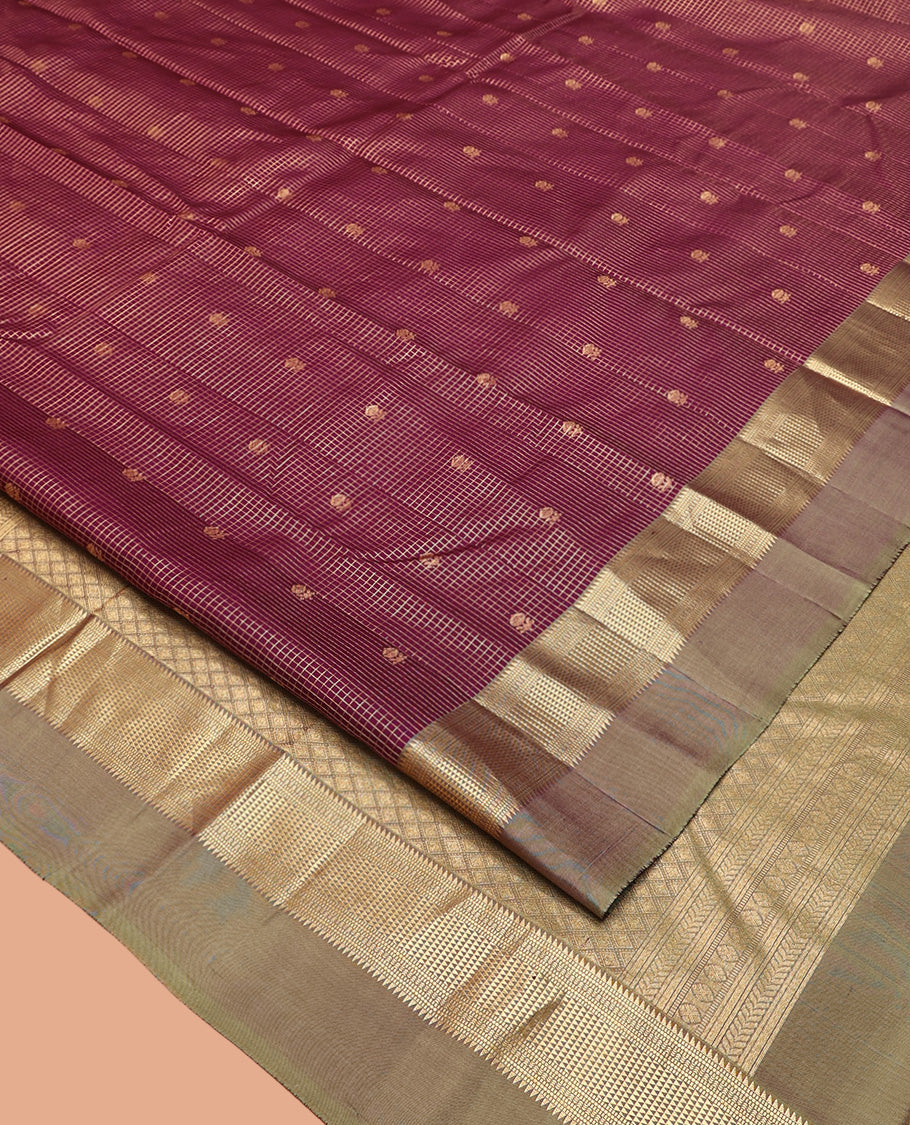 Maroon Vasundhara Silk Saree, Finely Crafted with Zari Butta and Checks All Over Its Body, Complemented by a Contrast Kal Eragina Border of Ara Bogudi, Muthu, and Ara Maadam Designs, Grand Jaal Pallu, and Paired with a Contrast Blouse