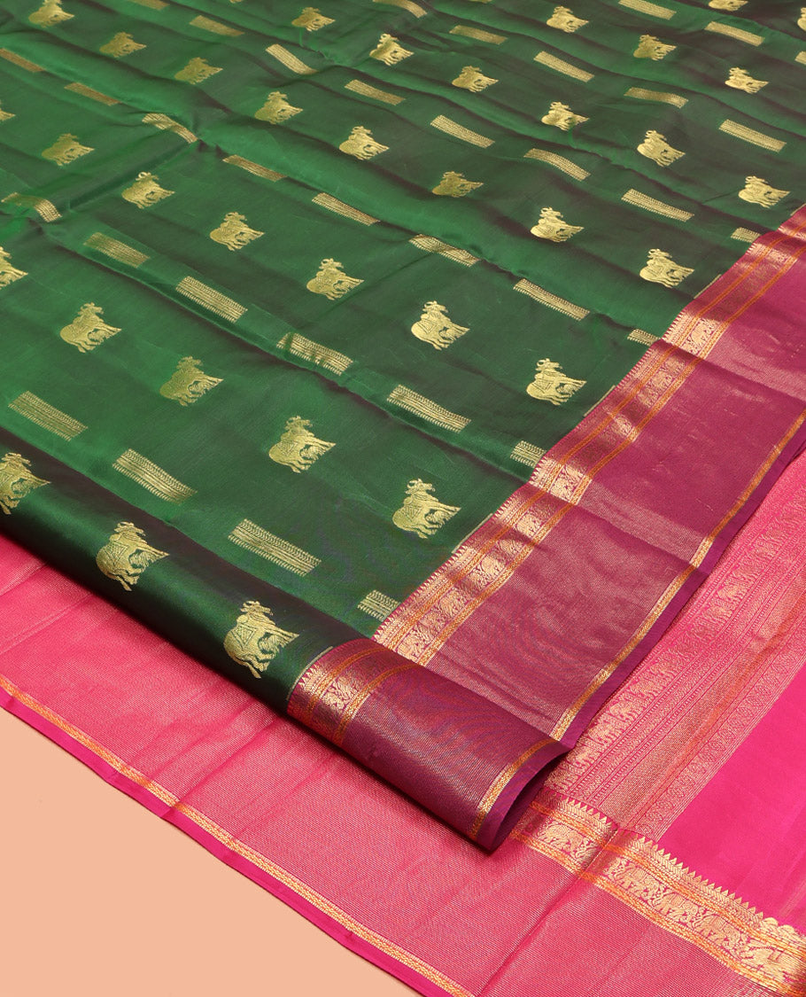 Green Vasundhara Lite Silk Mix Saree, Adorned with Pichwai Cow Buttas, Complemented by a Contrast Border of Rekku, Neli, and Yaanai Designs, Intricate Pallu, and a Contrast Blouse