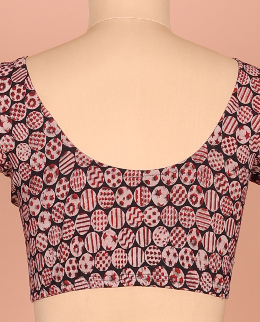 Black Cotton Readymade Blouse Gracefully Embellished with All-Over Geometric Motifs Print, Featuring a Front Round-Neck, a Back Round-Neck, and Elbow Sleeves