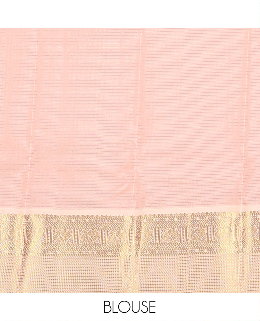 Yellow zari buttas and micro-checked Vasundhara silk mix saree, contrast border of thilakam mokku, banaras, paisa, mayil, banaras, and zari design, and peacock feather motifs pallu