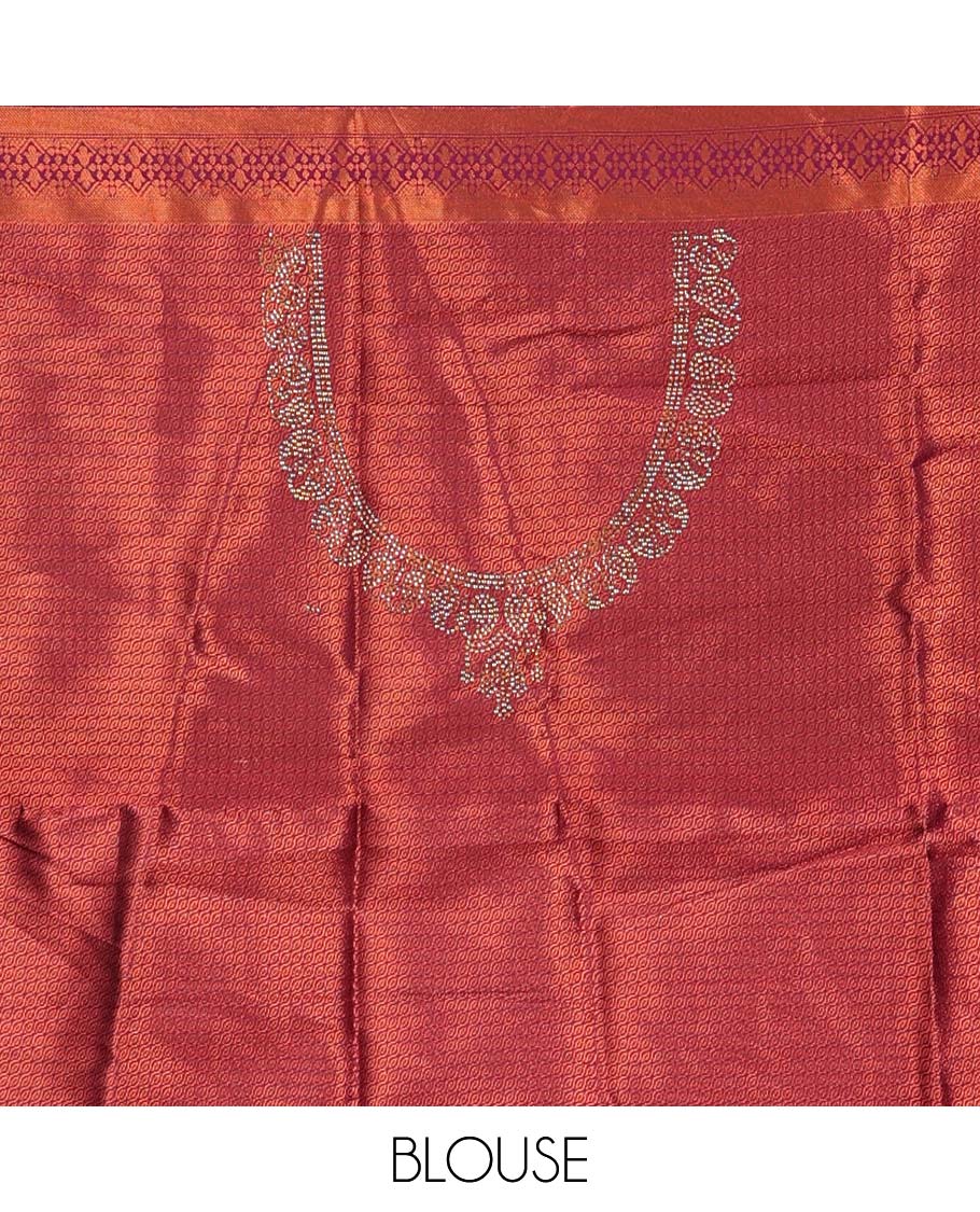 Green lehenga set, zari design with contrast Mughal design border skirt, jacquard stone work blouse, and scallop embroidered dhavani