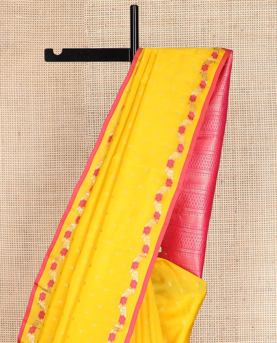Yellow zari buttas vasundhara silk mix saree, meenakari floral creeper border & contrast pallu of rudraksham,neli,vanki & then kuli kann