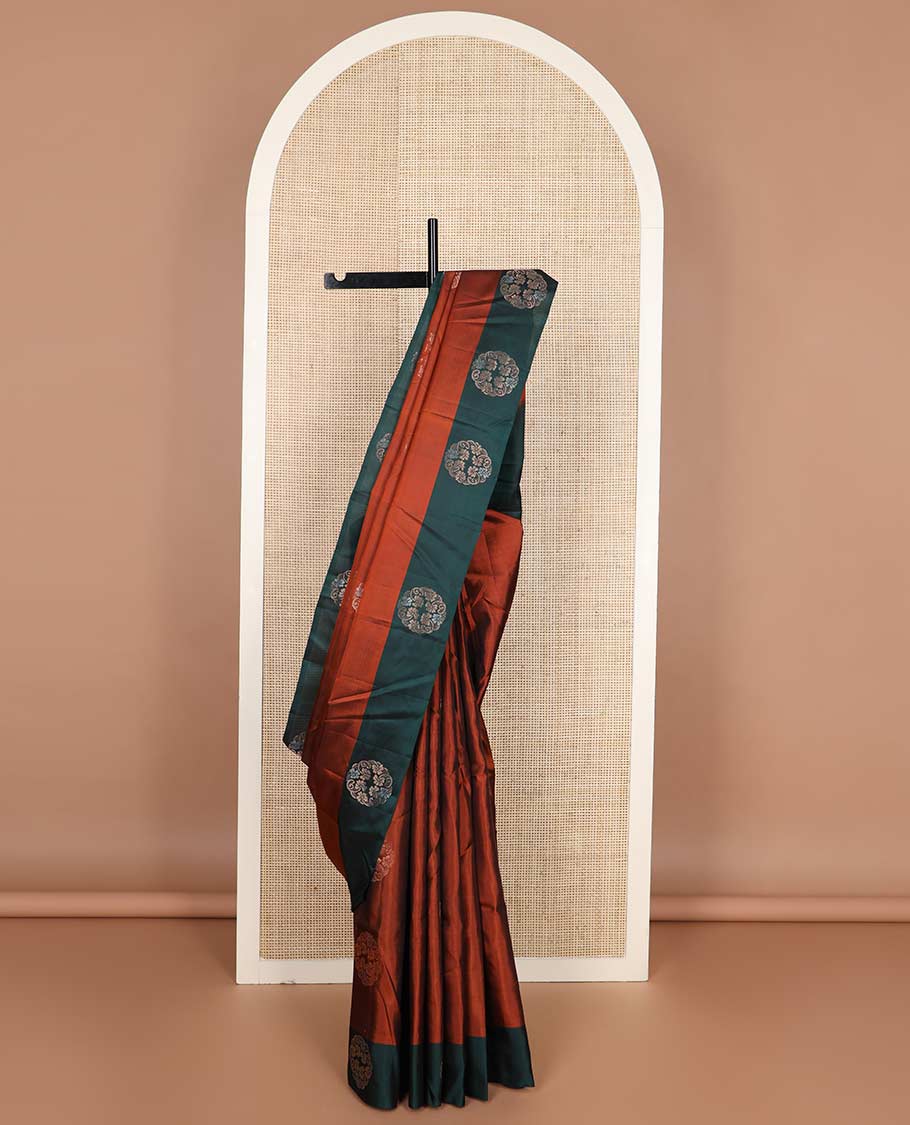 Rust circular-shaped zari buttas silk mix saree, contrast circular-shaped buttas border & geometric patterned pallu