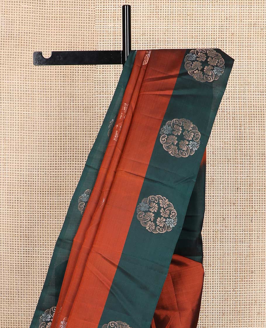 Rust circular-shaped zari buttas silk mix saree, contrast circular-shaped buttas border & geometric patterned pallu