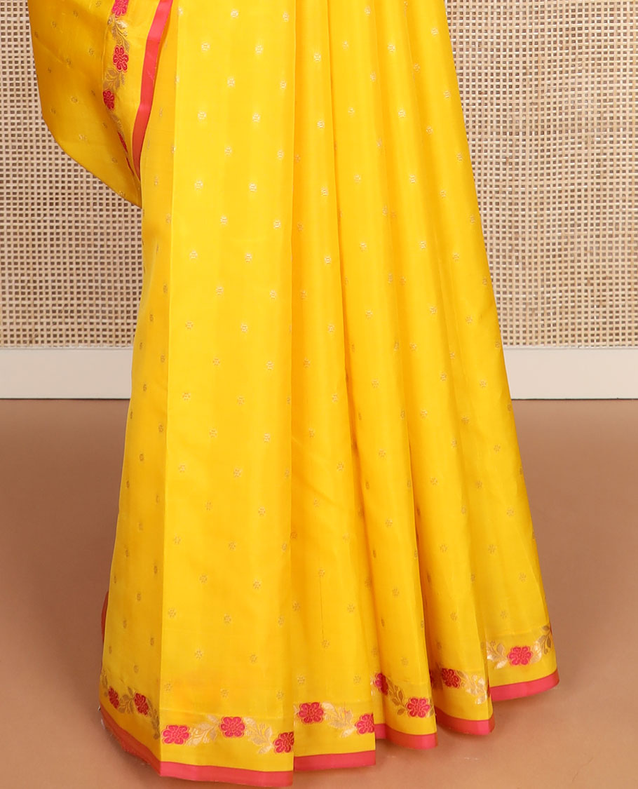 Yellow zari buttas vasundhara silk mix saree, meenakari floral creeper border & contrast pallu of rudraksham,neli,vanki & then kuli kann
