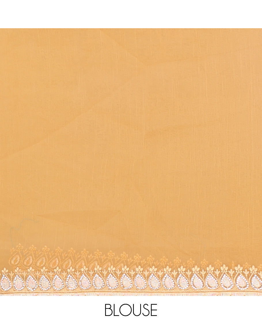 Yellow striped and thilakam stone-thread embroidered designer saree, scallop embroidered border