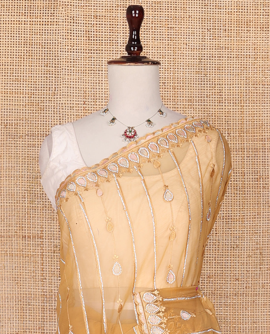 Yellow striped and thilakam stone-thread embroidered designer saree, scallop embroidered border