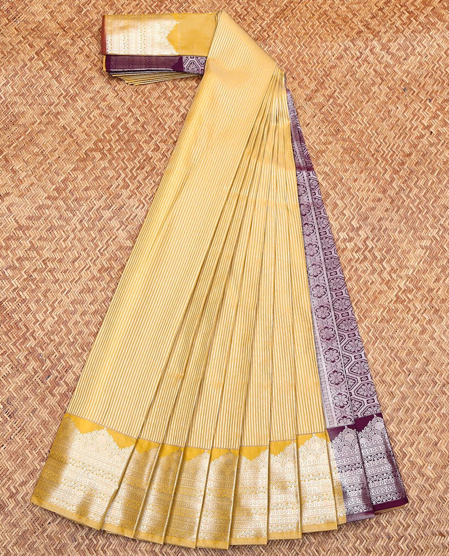Light Sandal Budget Silk Saree, Featuring Zari Stripes All Over Its Body, Complemented by a Contrast Traditional Zari Design Border, Intricately Designed Pallu, and Paired with a Contrast Blouse