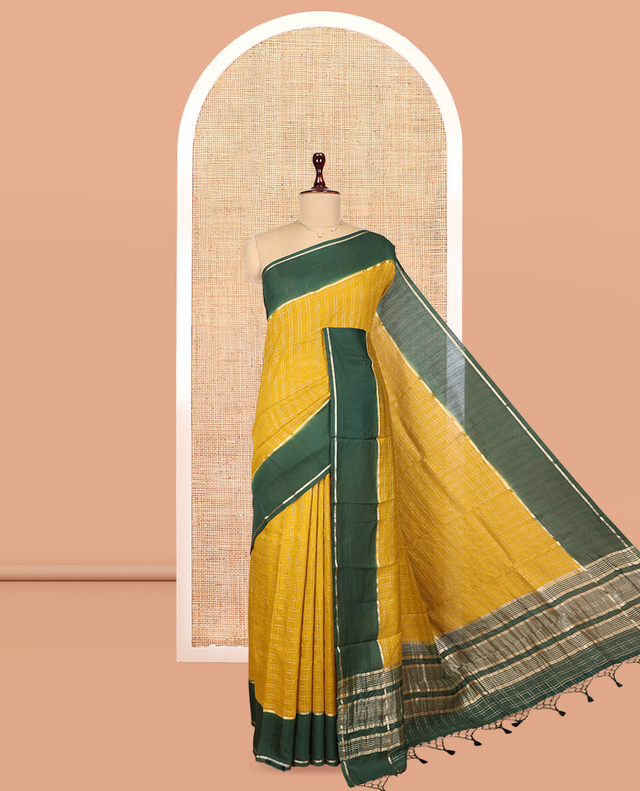 Mustard Assam Silk Saree, Styled with Zari Checks, Complemented by Contrast Zari Border, Zari Woven Pallu, and Contrast Blouse