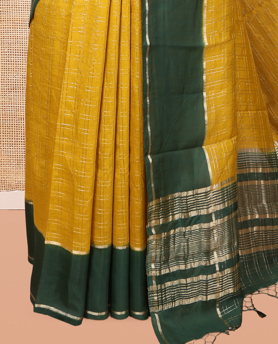 Mustard Assam Silk Saree, Styled with Zari Checks, Complemented by Contrast Zari Border, Zari Woven Pallu, and Contrast Blouse