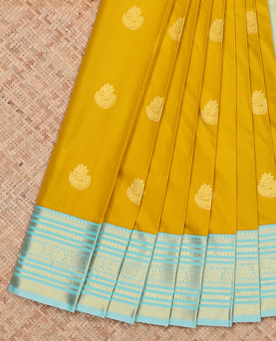 Mustard Budget Silk Saree, Showcasing Zari Buttas, Complemented by a Contrast Traditional Zari Border, Grand Pallu, and Contrast Blouse