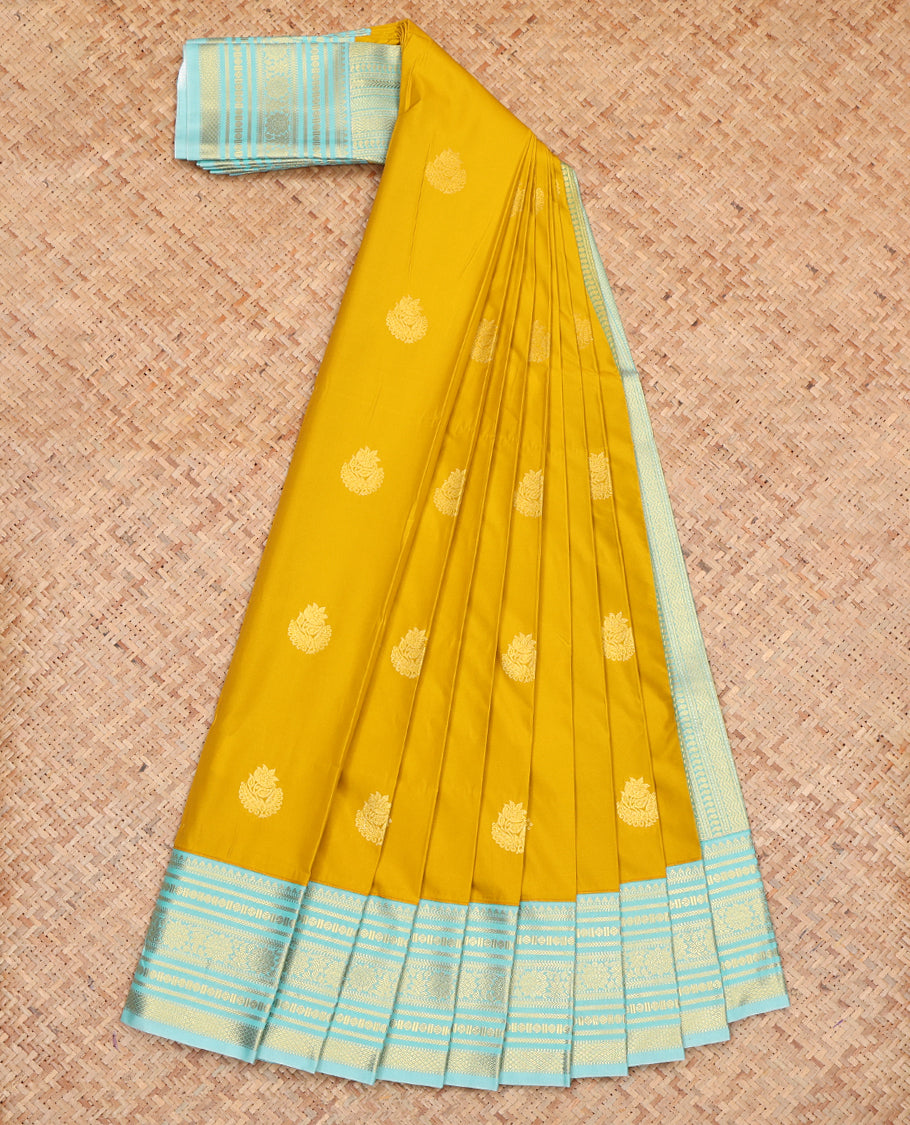 Mustard Budget Silk Saree, Showcasing Zari Buttas, Complemented by a Contrast Traditional Zari Border, Grand Pallu, and Contrast Blouse
