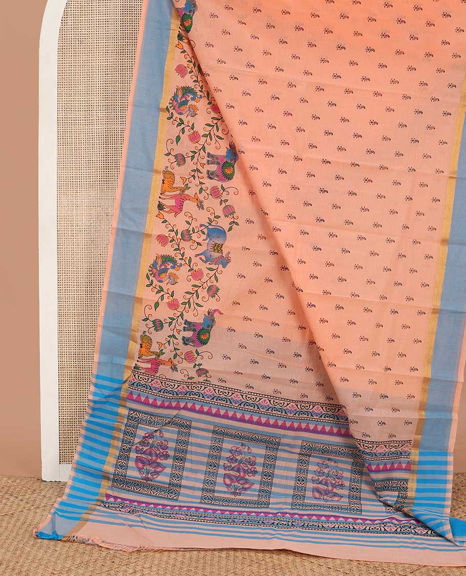 Peach paisley & pichwai cow printed chirala cotton saree, contrast plain border & pallu of floral & geometric print