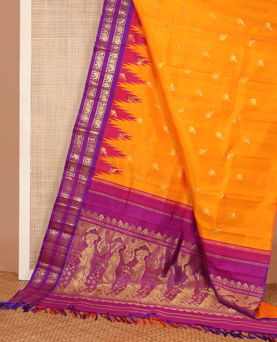Orange yaanai zari buttas Kanchipuram silk saree, contrast one-sided thazampoo rekku rettai pettu border of yaanai motifs, and human motifs pallu