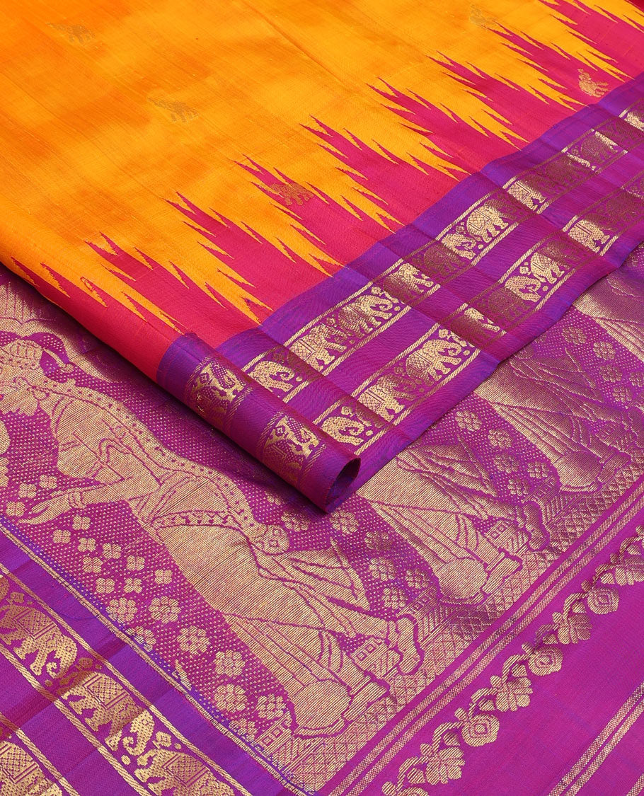 Orange yaanai zari buttas Kanchipuram silk saree, contrast one-sided thazampoo rekku rettai pettu border of yaanai motifs, and human motifs pallu