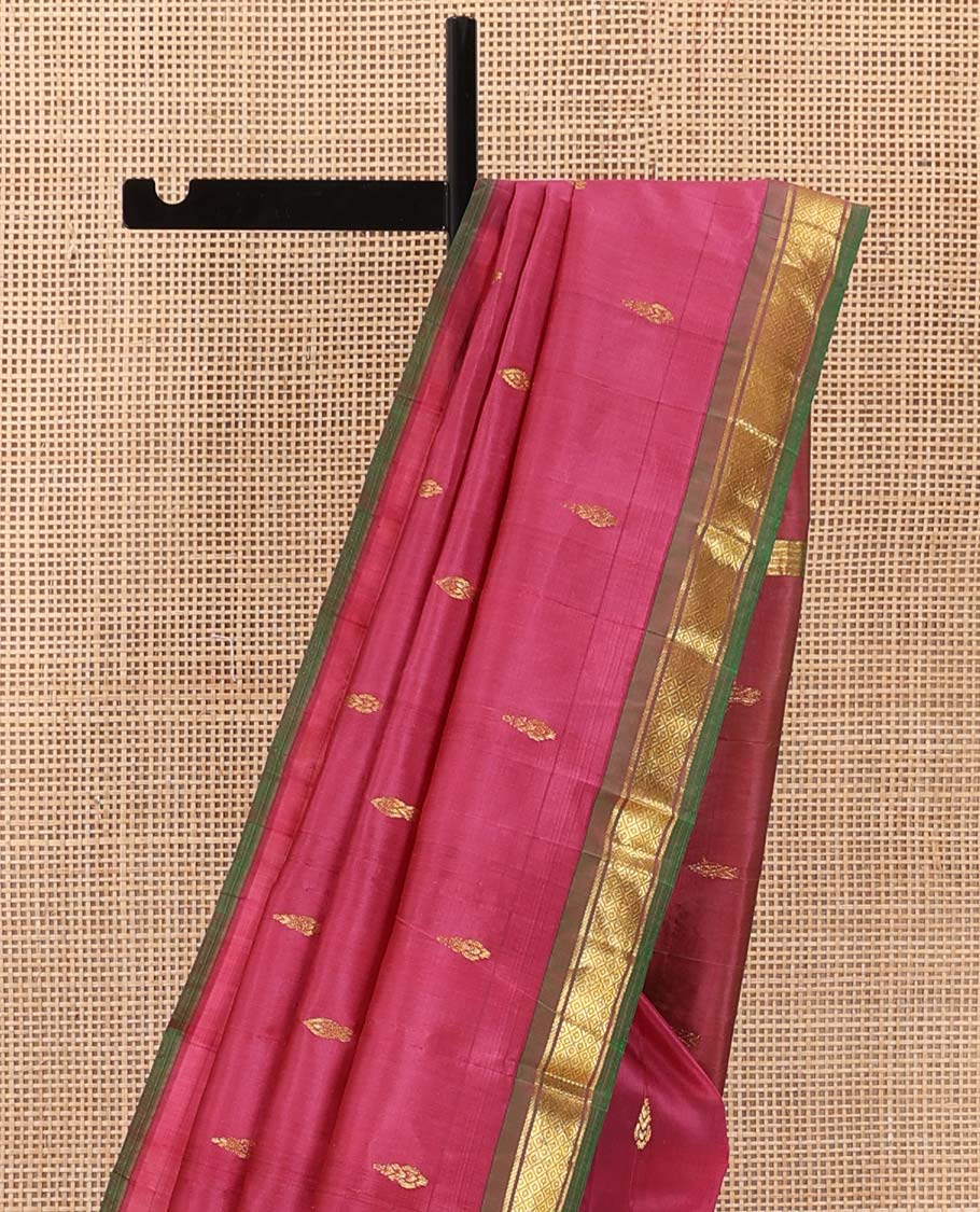 Red zari buttas Kanchipuram silk saree, contrast one-sided border of banaras, and mayil kann designs, and zari design pallu