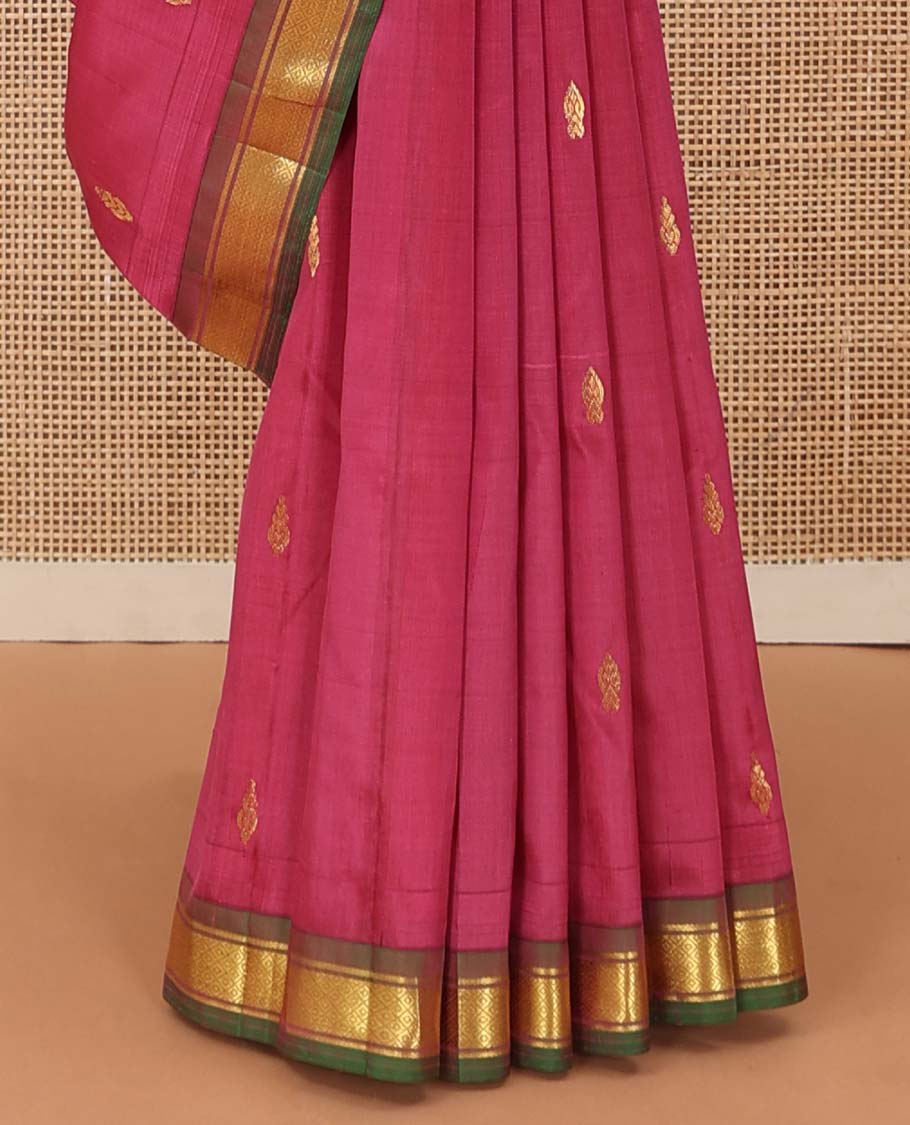 Red zari buttas Kanchipuram silk saree, contrast one-sided border of banaras, and mayil kann designs, and zari design pallu