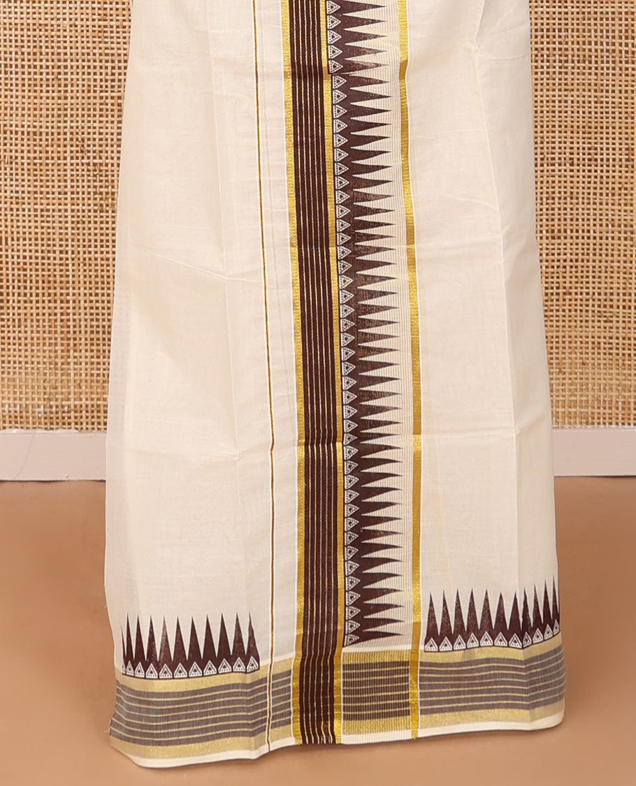 Cream plain Kerala mundu set with contrast temple striped border