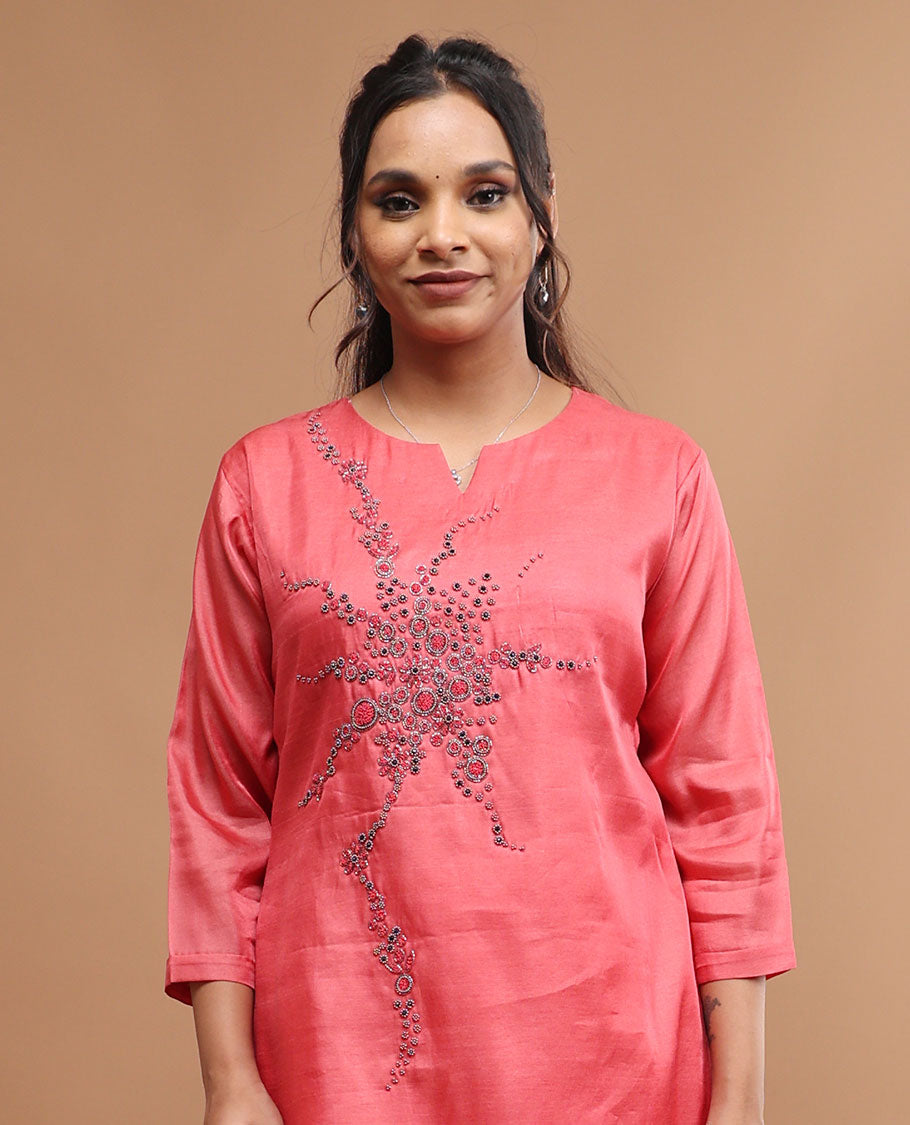 Red embroidery v neck , 3/4 th sleeve , below knee length kurti