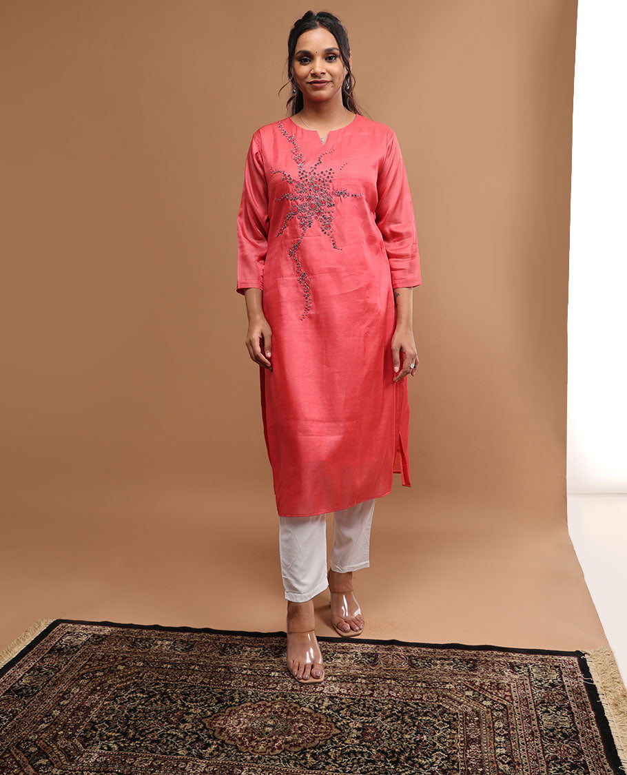 Red embroidery v neck , 3/4 th sleeve , below knee length kurti