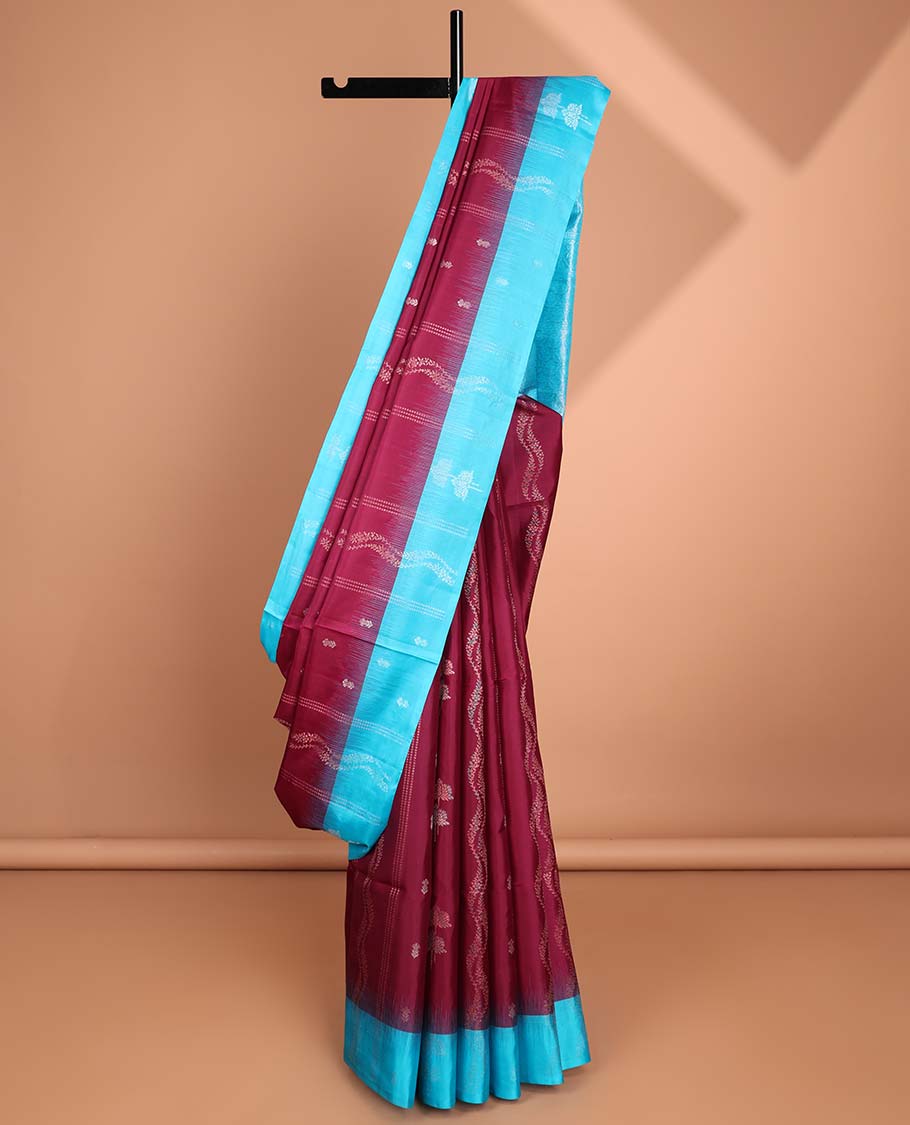 Purple striped, floral design soft silk saree with contrast zari border & traditional zari design pallu